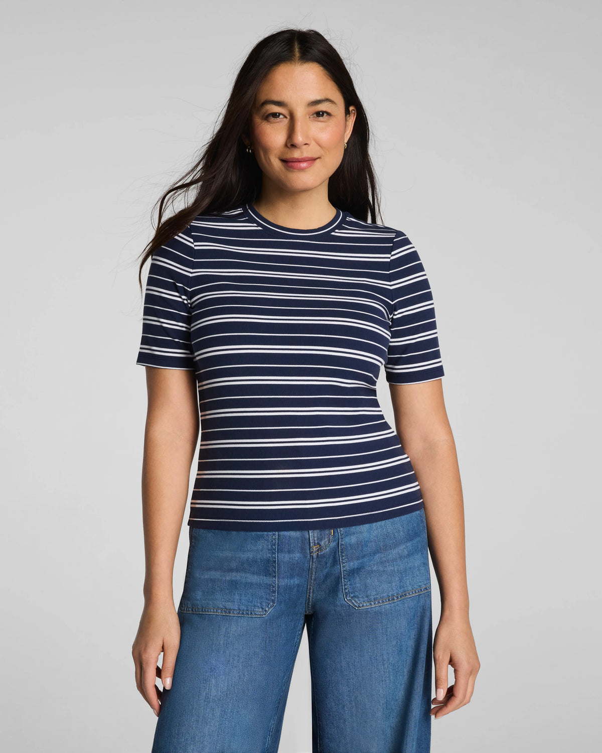 SPANX® Ribbed Knit Crewneck Tee | Timeless Navy/Classic White Stripe