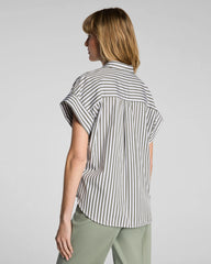 SPANX® Poplin Oversized Short Sleeve Button Down | Frosted Moss/Classic White Stripe