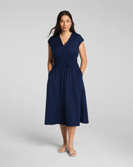 SPANX® Poplin V-Neck Smocked Midi Dress