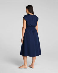 SPANX® Poplin V-Neck Smocked Midi Dress | Timeless Navy