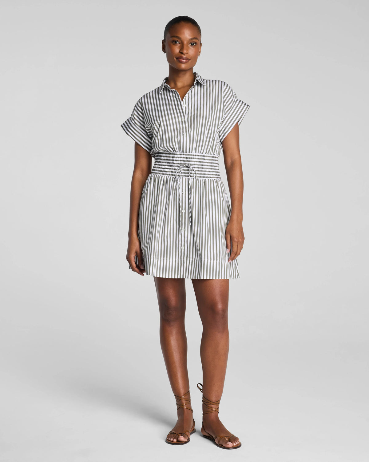 SPANX® Poplin Smocked Mini Shirt Dress | Frosted Moss/Classic White Stripe