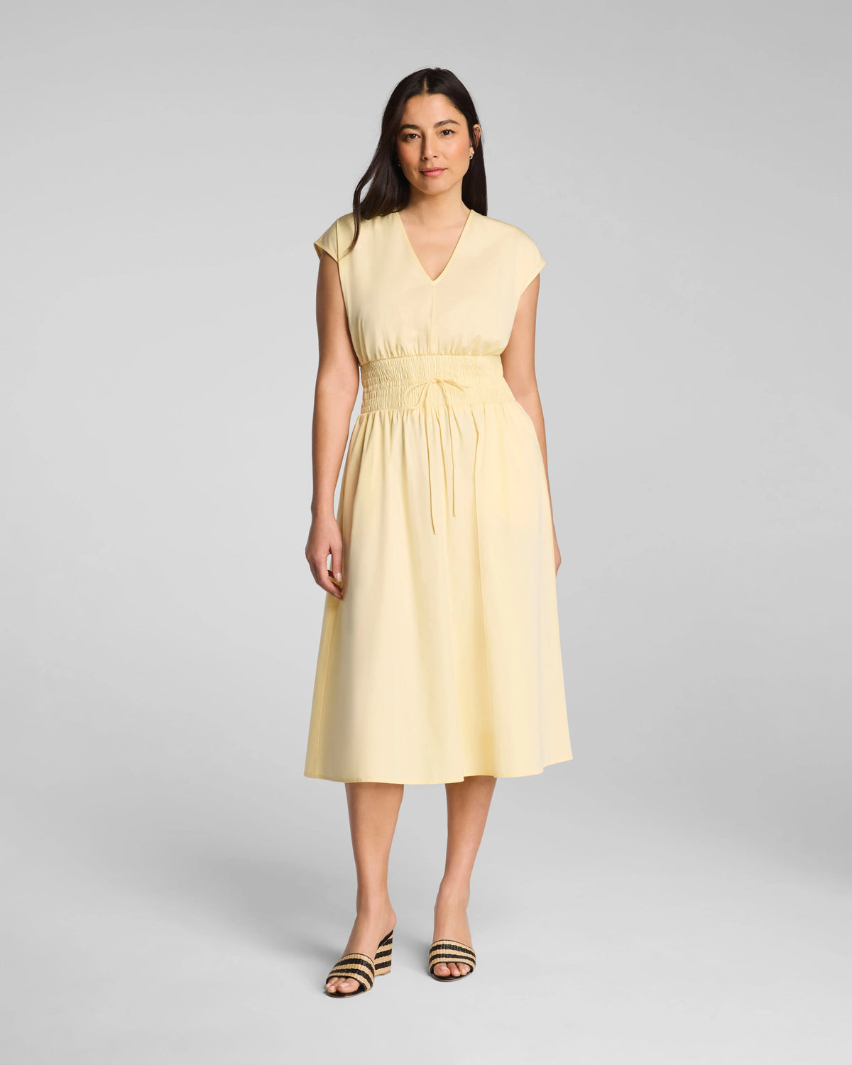 SPANX® Poplin V-Neck Smocked Midi Dress | Sunbeam