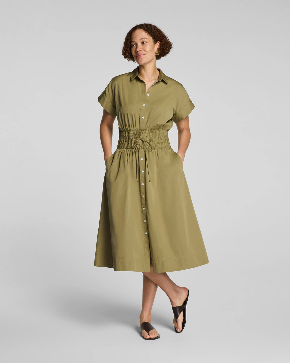 SPANX® Poplin Smocked Midi Shirt Dress | Olive Branch