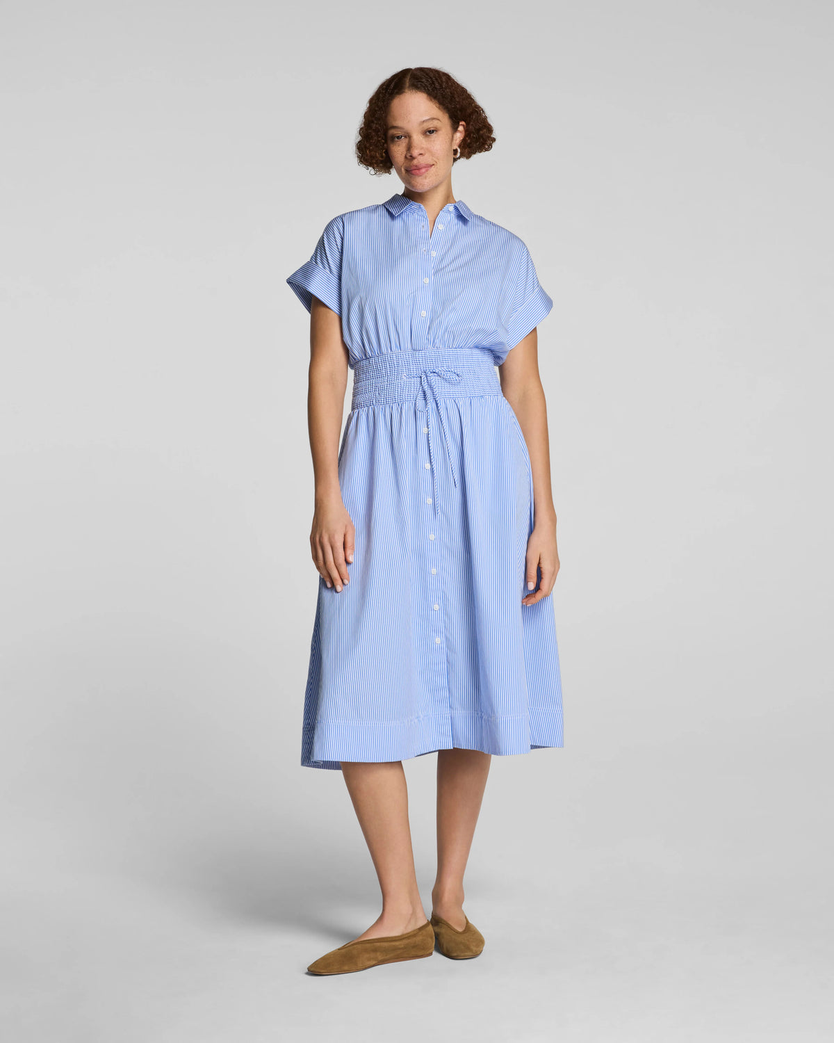 SPANX® Poplin Smocked Midi Shirt Dress | Aster/Classic White Stripe