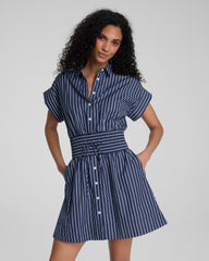 SPANX® Poplin Smocked Mini Shirt Dress | Timeless Navy/Classic White